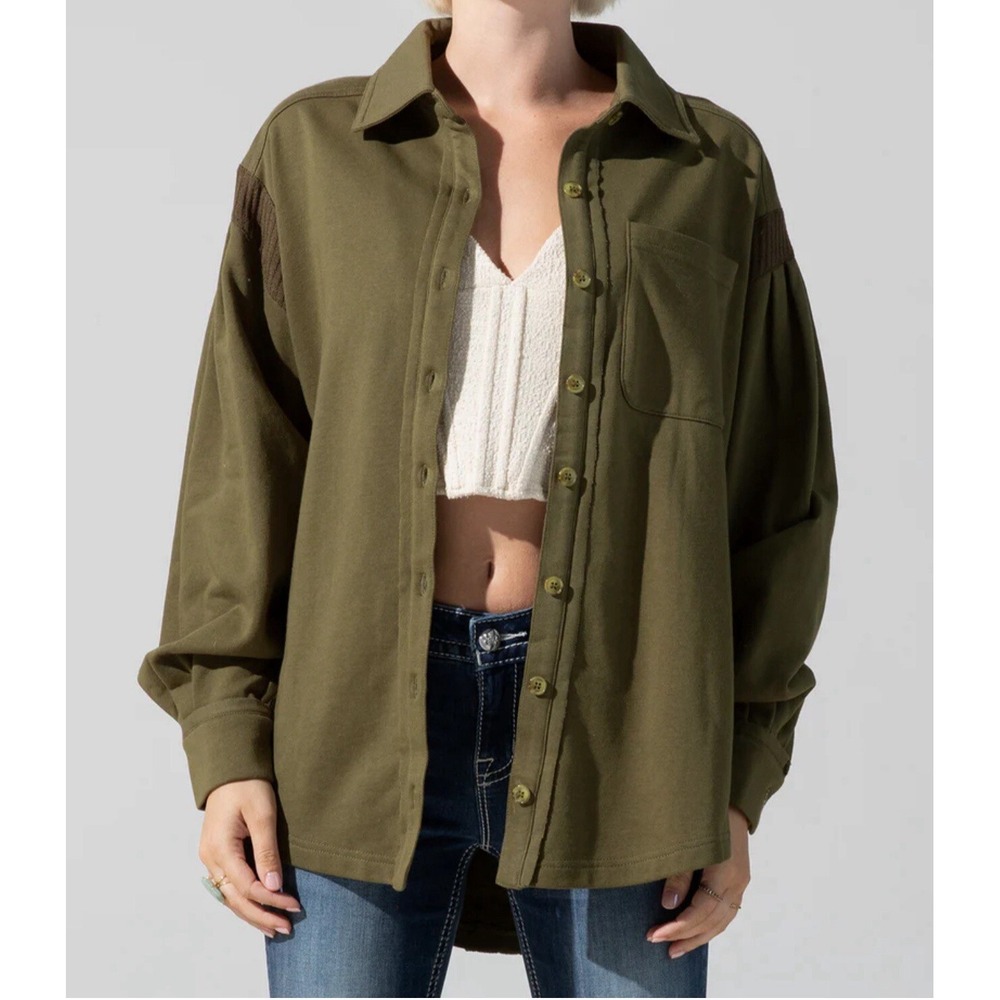 Miss Me Olive Green‎ Mixed Media Ribbed Shacket Button Down Shirt MT2362L Medium
